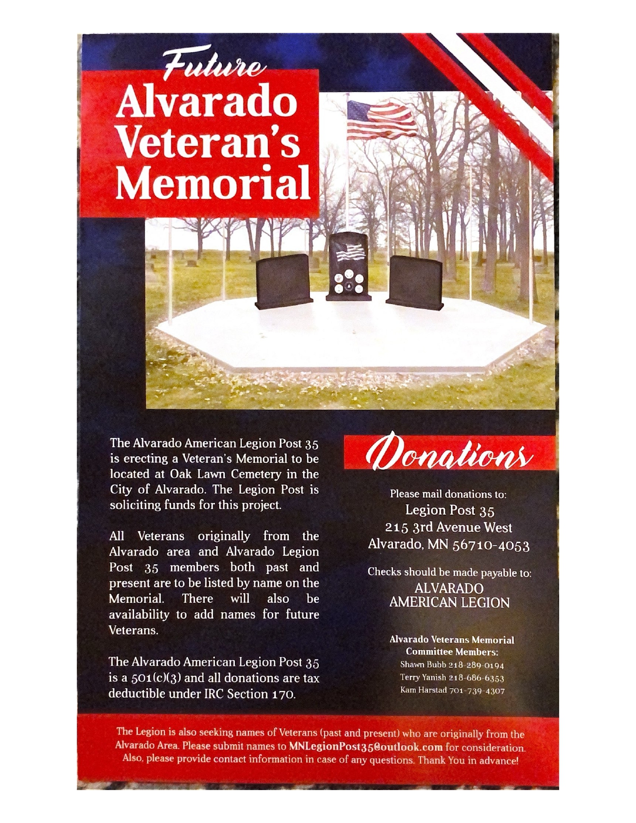 Veteran's Memorial Donations accepted